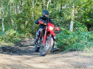 vrouw op crossmotor in bos